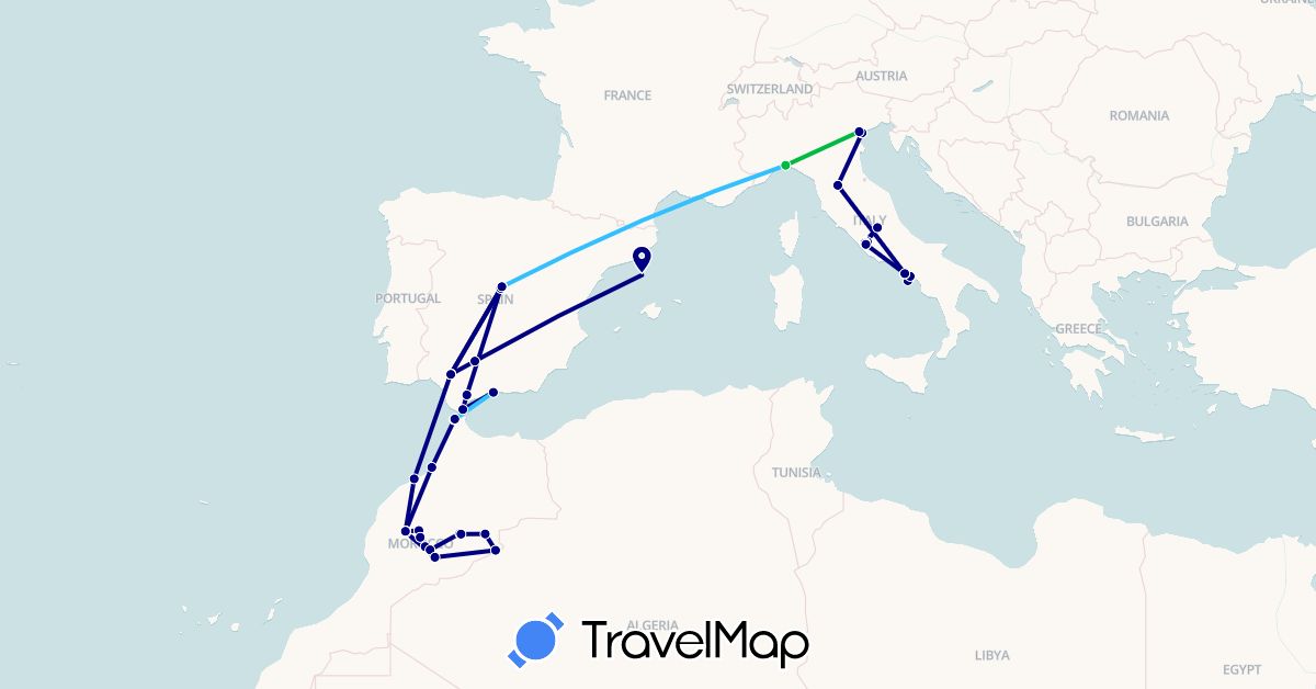 TravelMap itinerary: driving, bus, boat in Spain, Italy, Morocco, Vatican City (Africa, Europe)